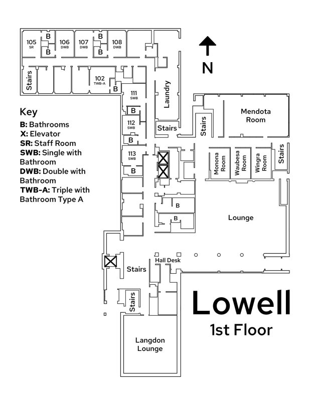 A floor plan image of Lowell Center's 1st floor.