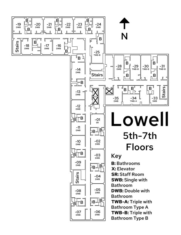 A floor plan image of Lowell Center's 5th – 7th floors.