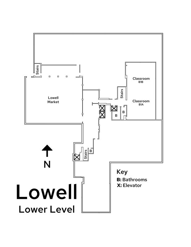A floor plan image of Lowell Center's lower level.