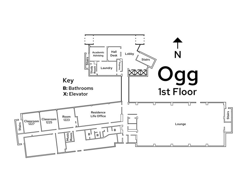 A floor plan image of Ogg Residence Hall's 1st floor.