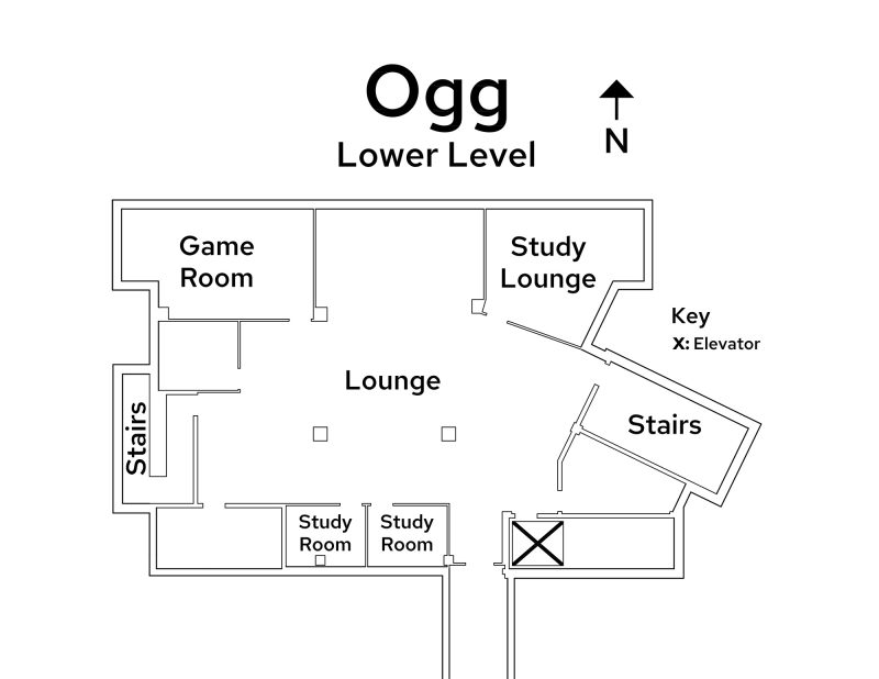 A floor plan image of Ogg Residence Hall's lower level.