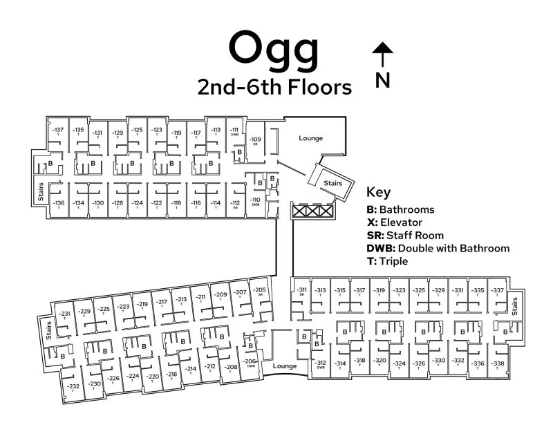 A floor plan image of Ogg Residence Hall's 2nd – 5th floors.