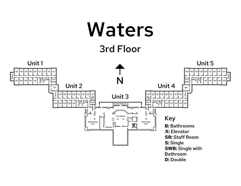 A floor plan image of Waters Residence Hall's 3rd floor.