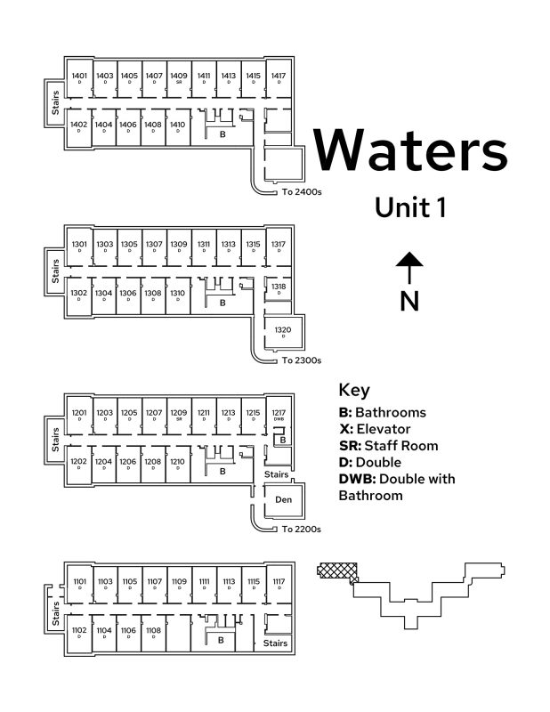 A floor plan image of Unit 1 in Waters Residence Hall.