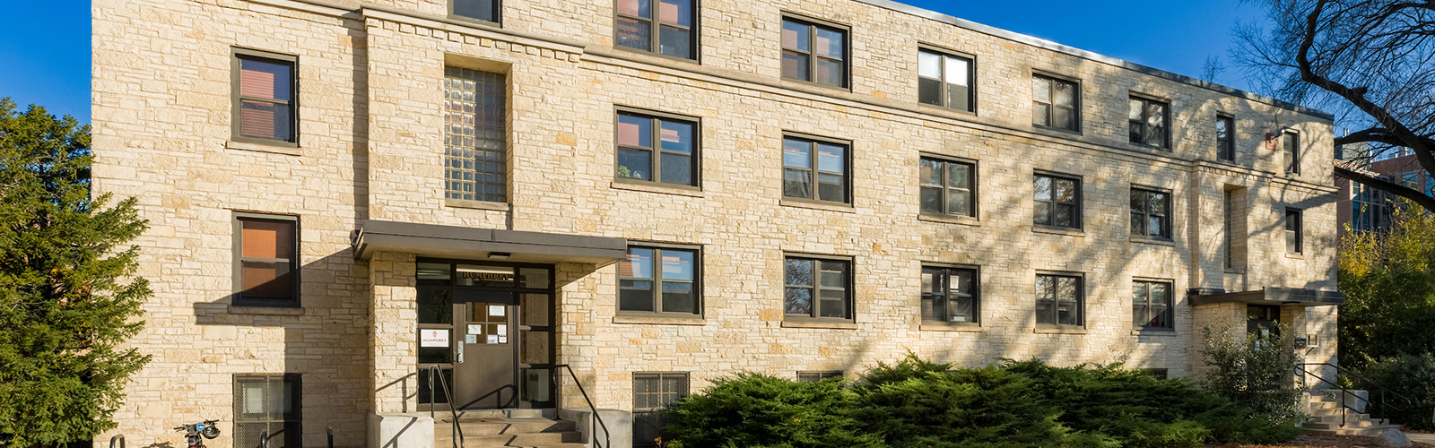 Exterior of Humphrey Residence Hall in the fall