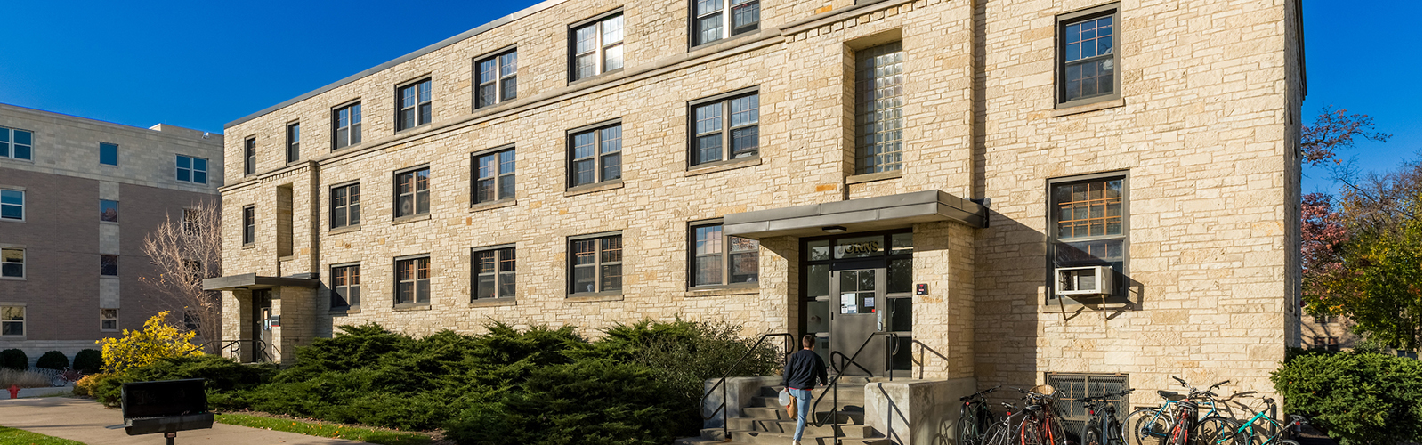 Exterior of Jorns Residence Hall in the fall