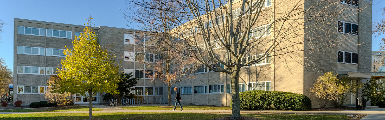 Exterior photo of Bradley Residence Hall in the fall