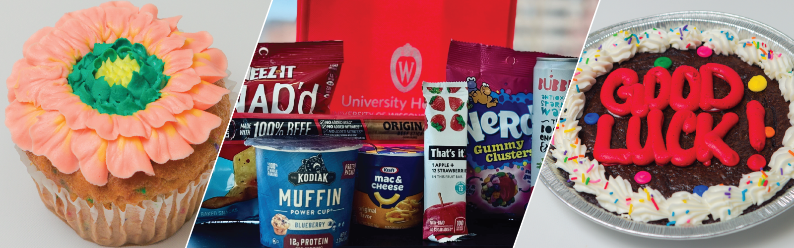 Jumbo cupcake, snack pack, and jumbo brownie care packages