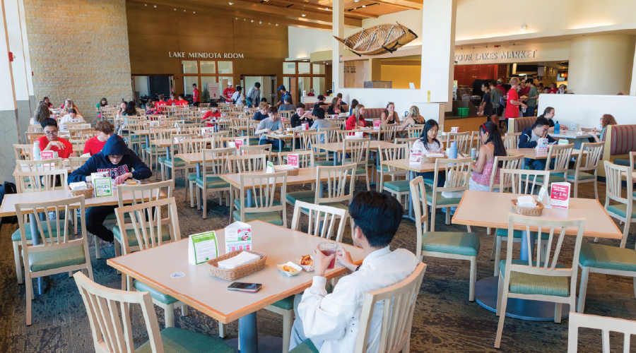 Students eating in Four Lakes dining area
