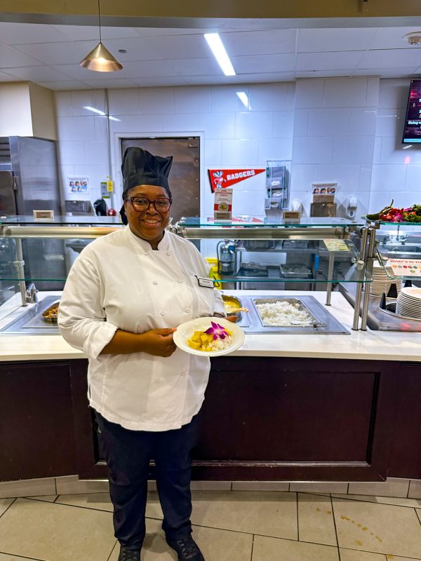 Chef Tam posing with her special entree at the Chef Appreciation lunch in Gordon Avenue Market