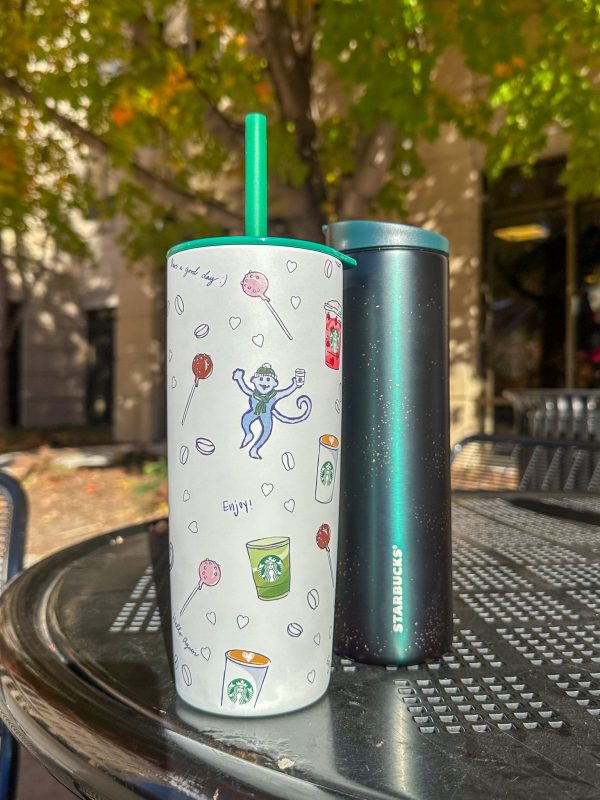Starbucks Holiday Merchandise Hand Drawn Cup with Straw and Green Cup with Closed top