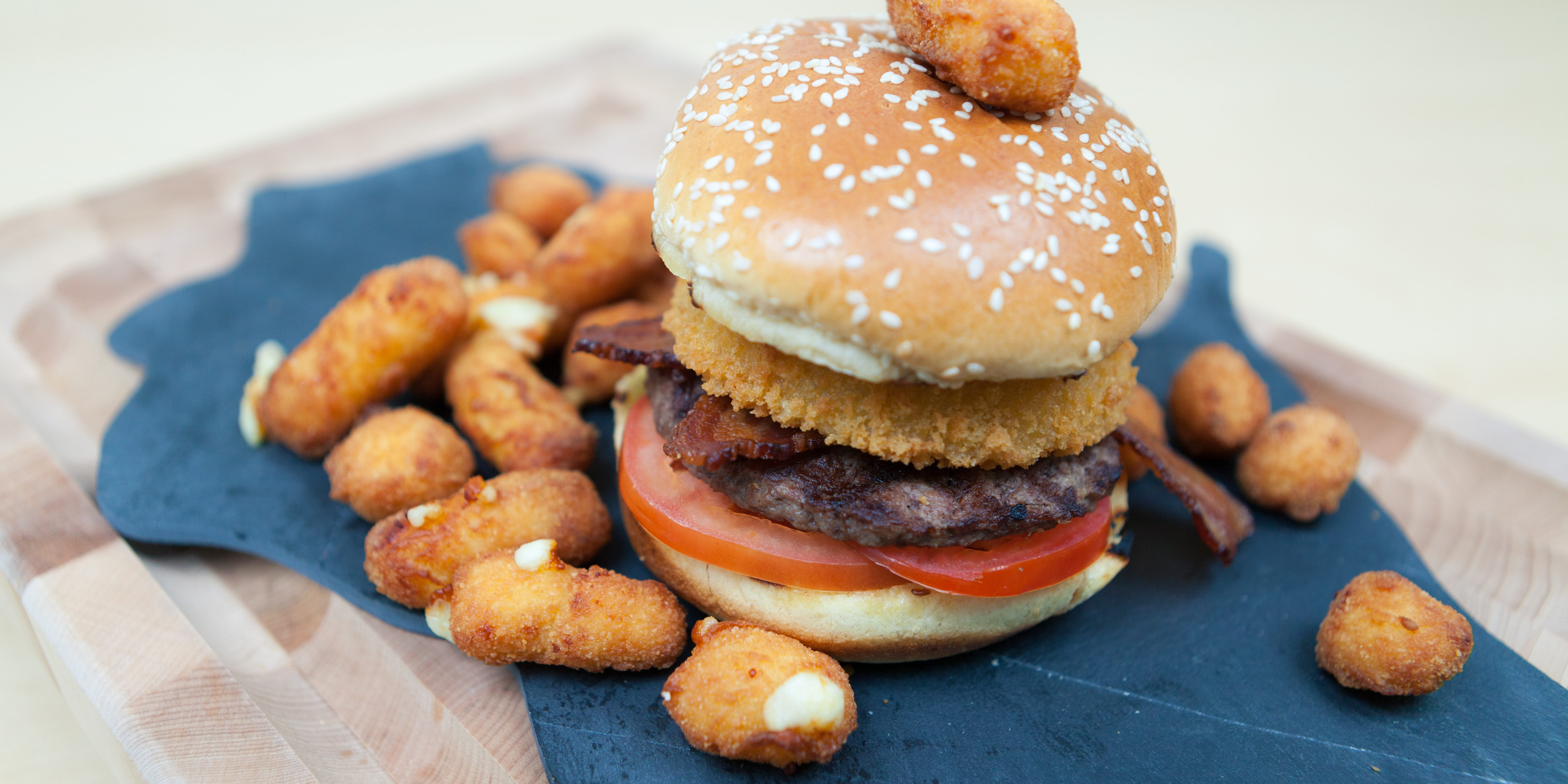 cheeseburger and cheese curds
