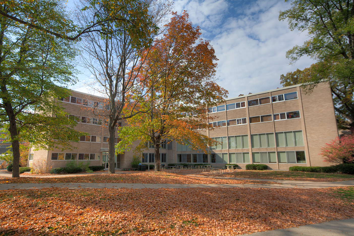Phillips Hall exterior in fall
