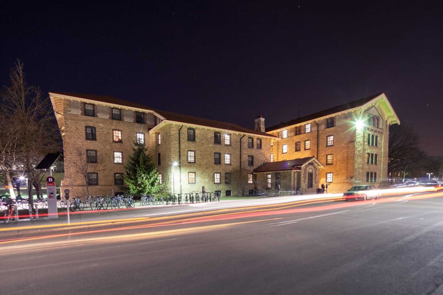 Adams Hall exterior at night