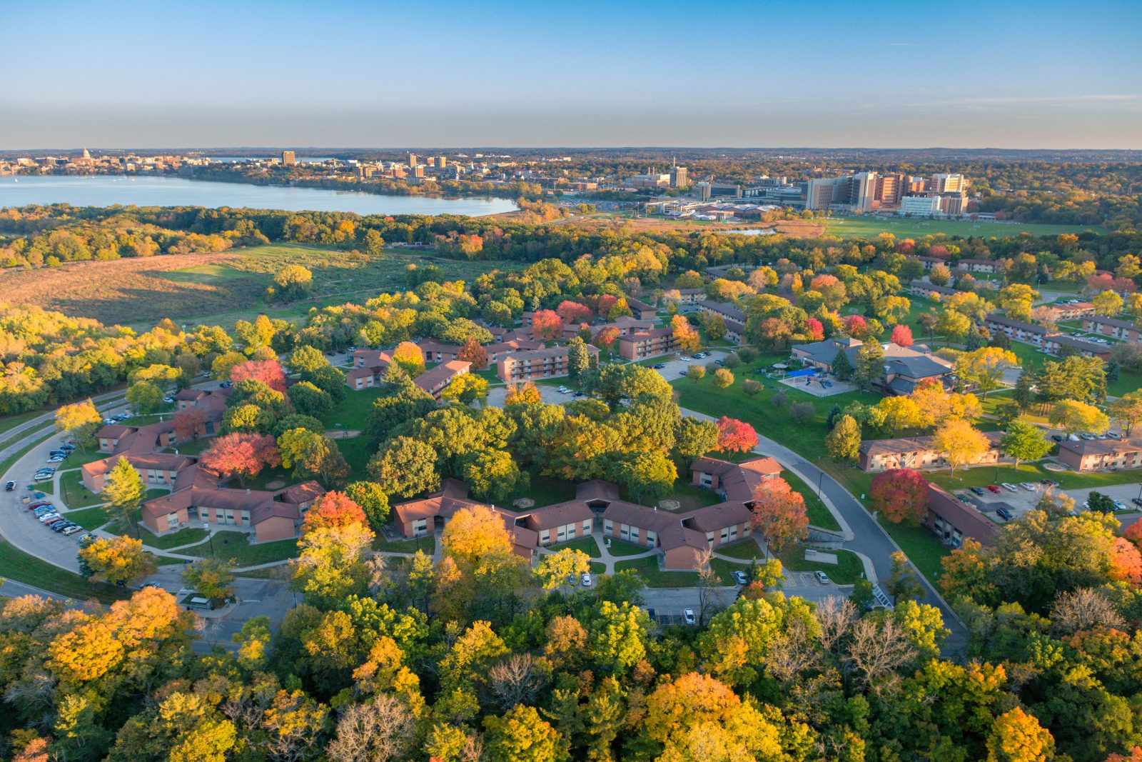 An aerial view of the Eagle Heights Neighborhood in University Apartments at sunset in fall