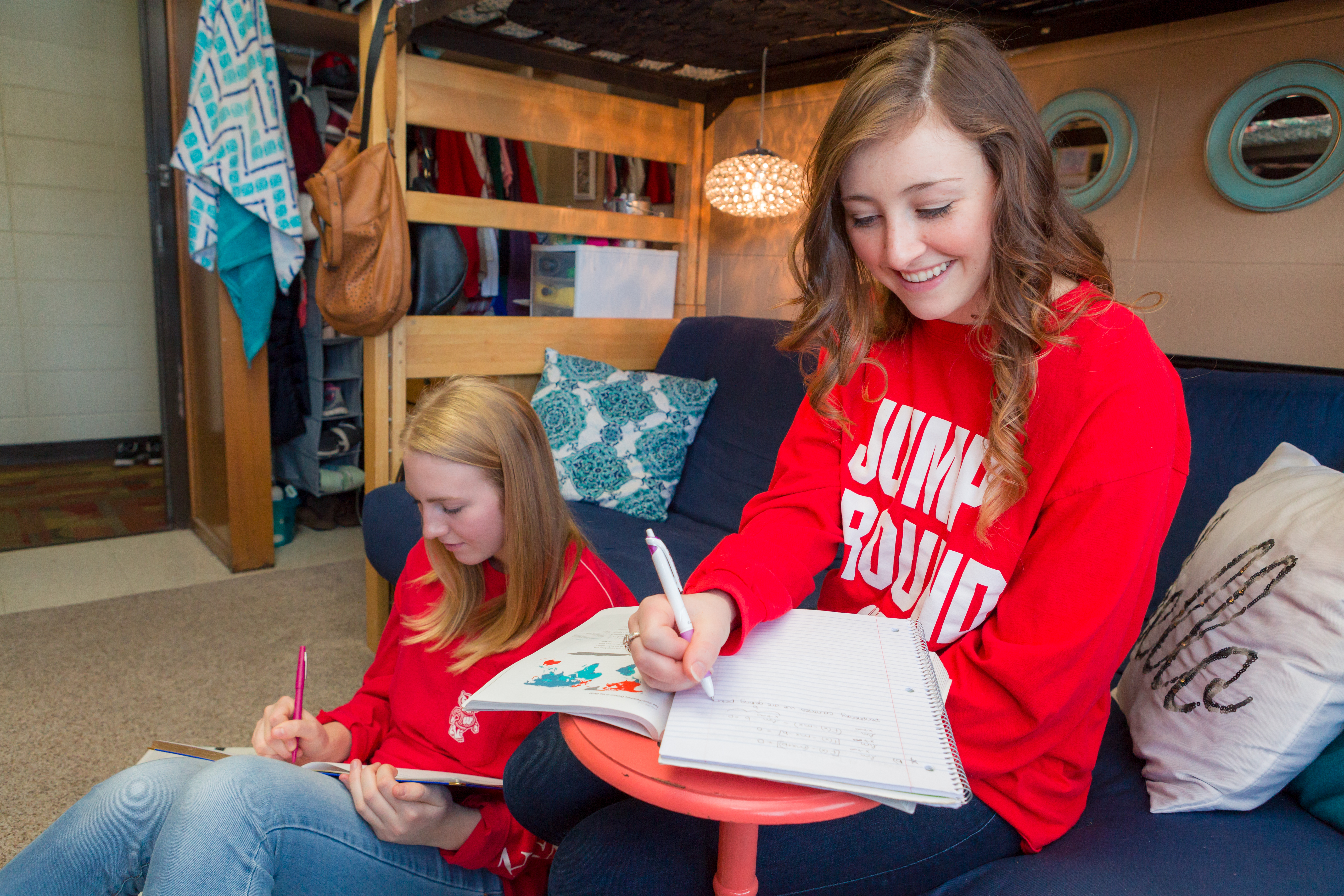 Two students study in their Bradley Residence Hall room