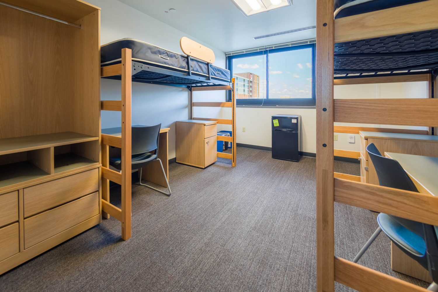An interior view of a 2-Window Double room on the 11th floor of Witte Residence Hall