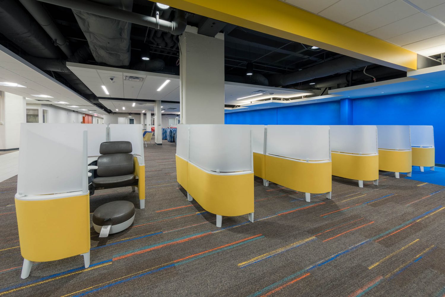 Interior of the lower level lounge in Witte Residence Hall