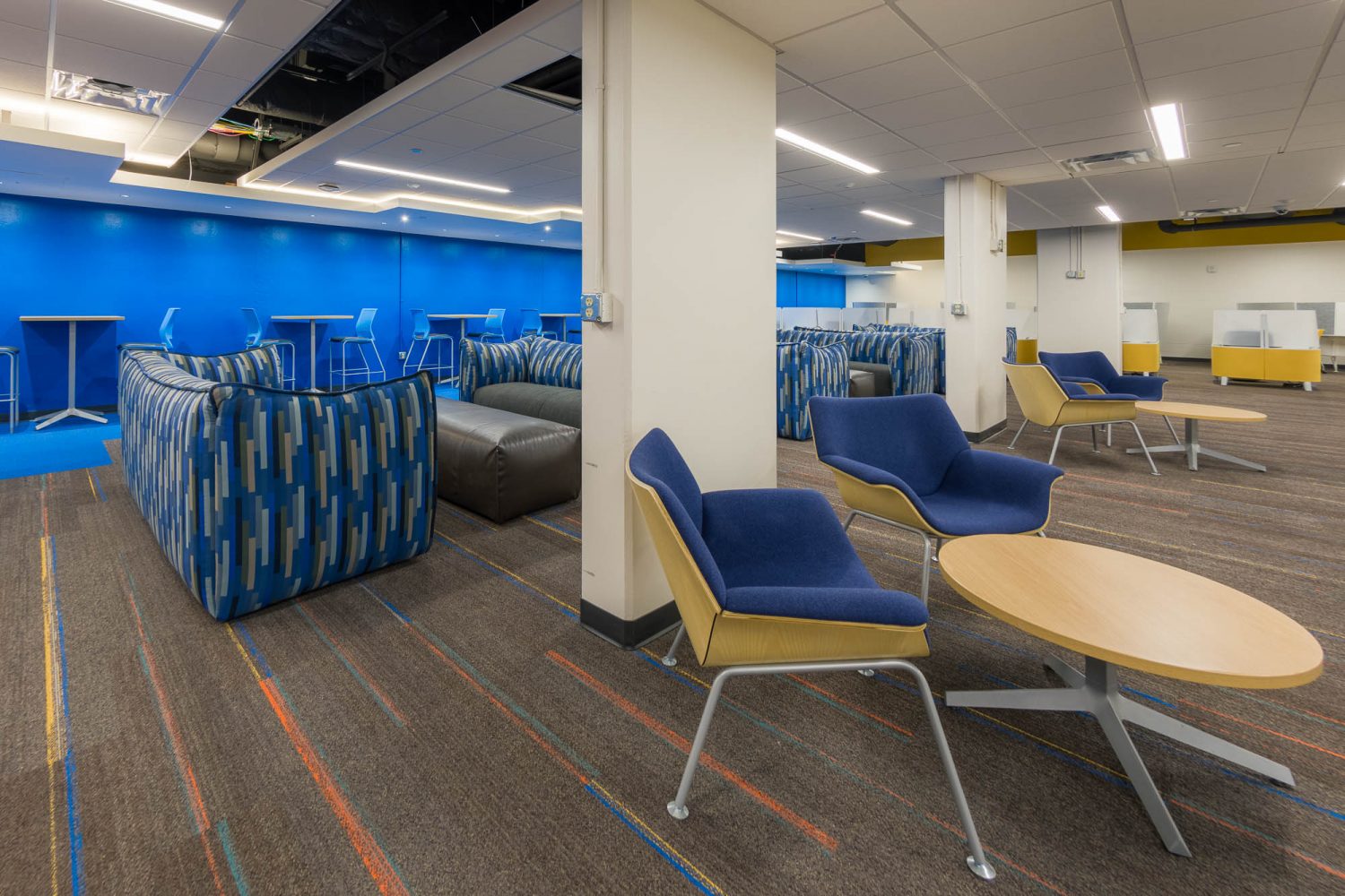 Interior of the lower level lounge in Witte Residence Hall
