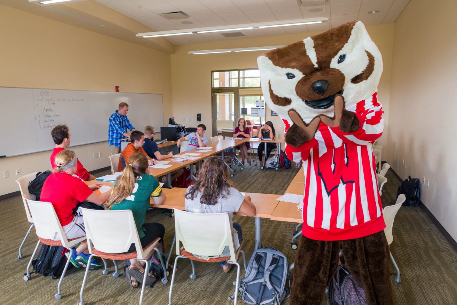 Bucky in a residence hall classroom