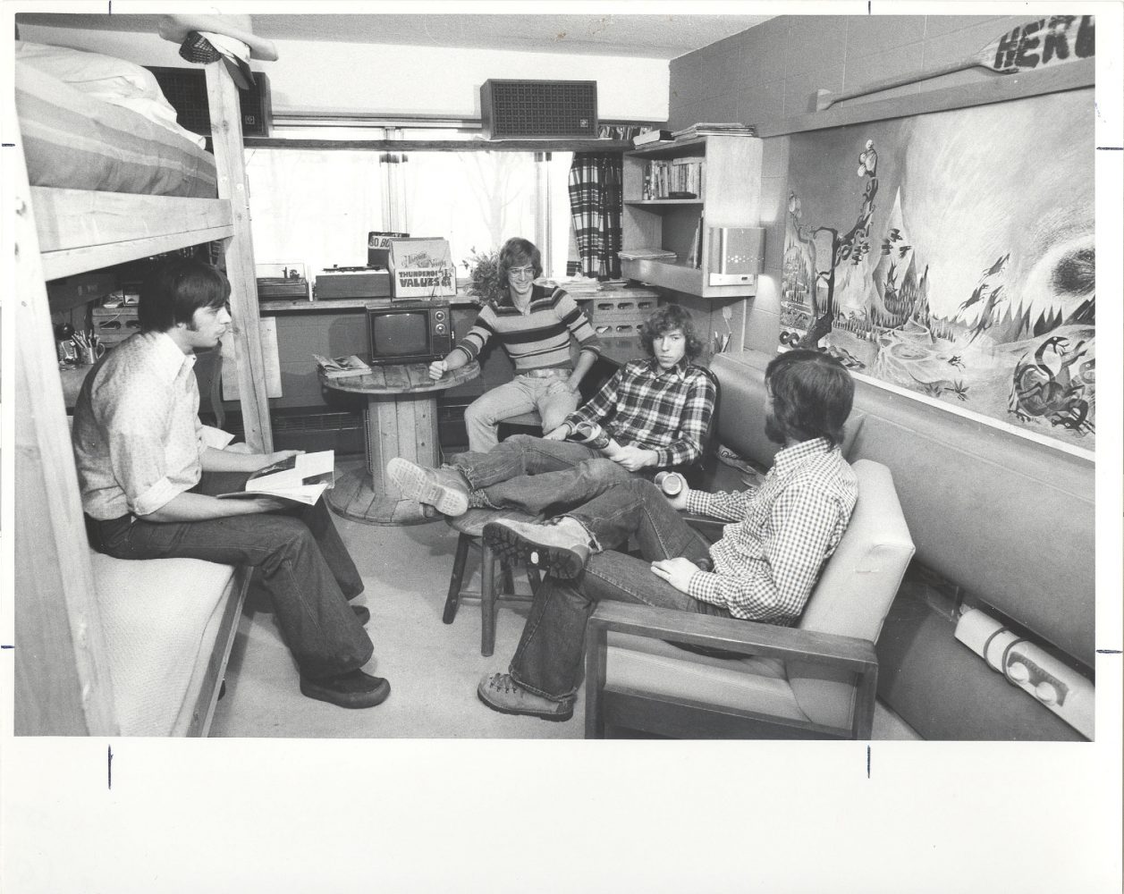 Students gathering in a Bradley Hall resident room