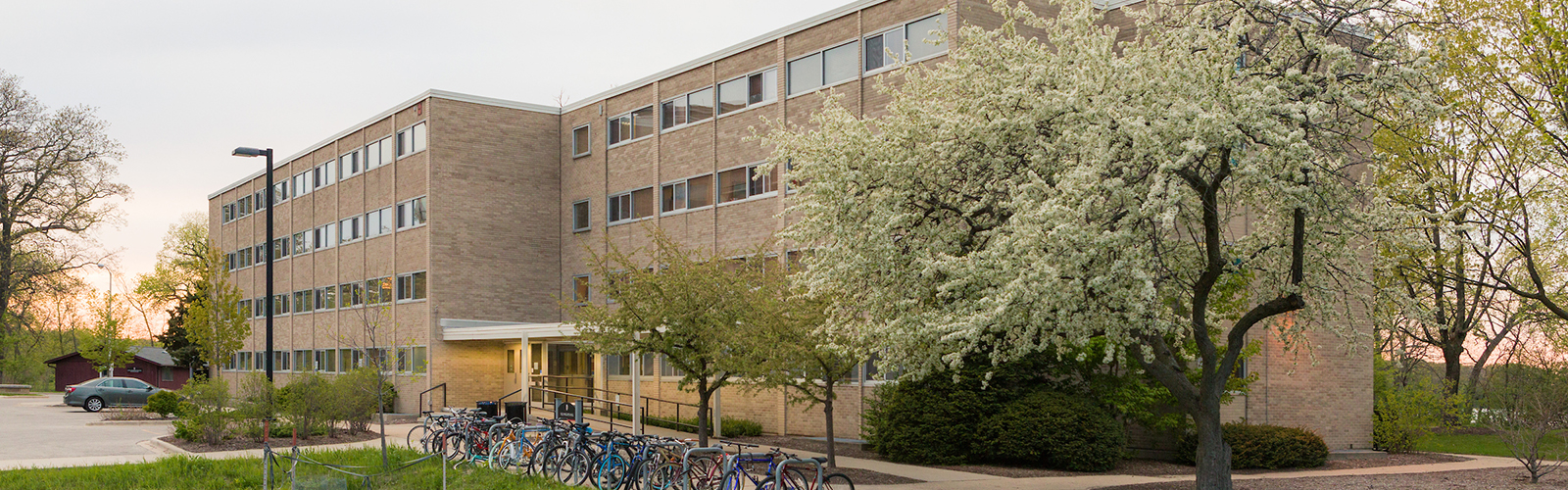 Phillips hall exterior at dusk
