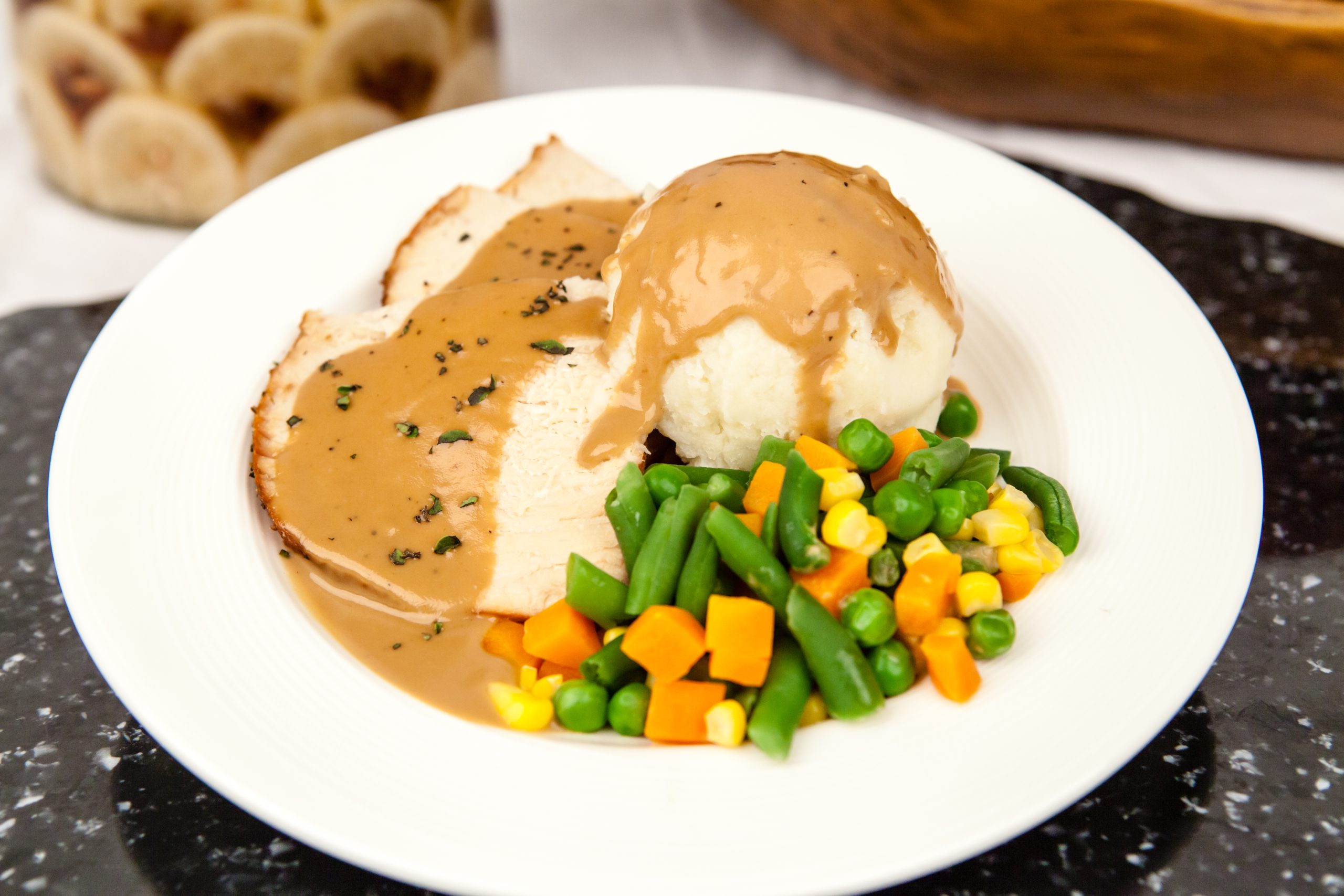 turkey, mashed potatoes, and veggies
