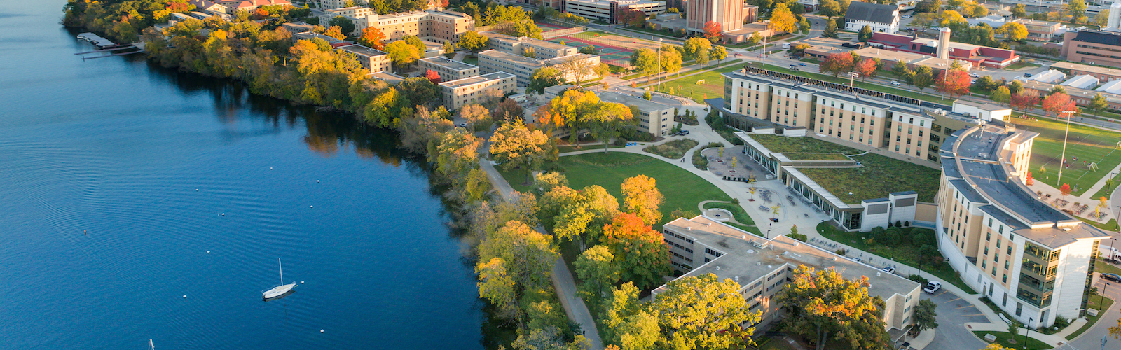 Aerial photo of Lakeshore residence halls and Lake Mendota