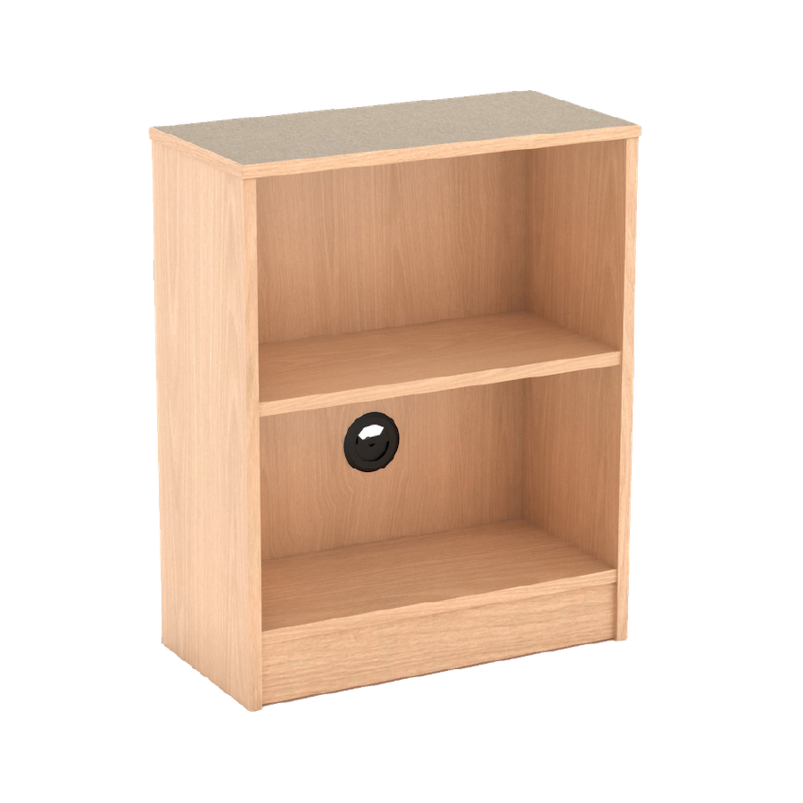 A light-colored wood bookshelf with two shelves