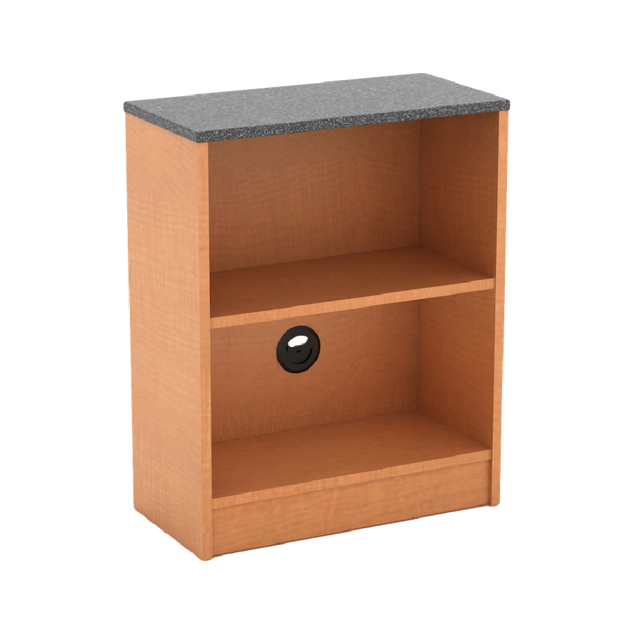 A medium-colored wood bookshelf with a dark gray top and two shelves