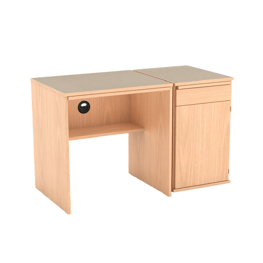 A light-colored wood desk with a dark gray top and an attached pedestal with a drawer and cabinet