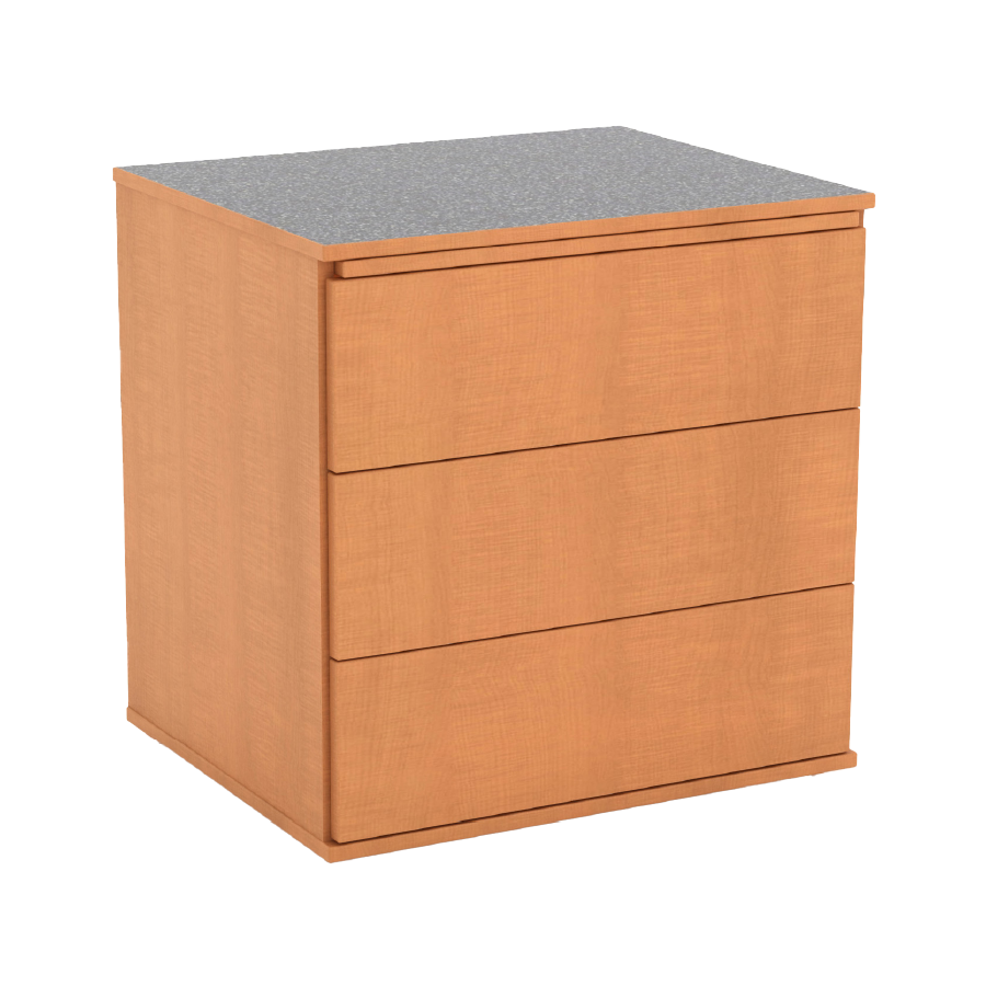 A medium-colored wood dresser with a dark gray top and three drawers