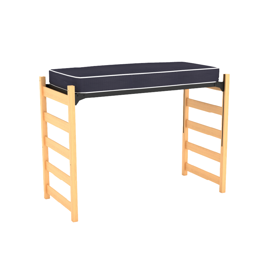 A lofted bed with mattress and light-colored wood risers