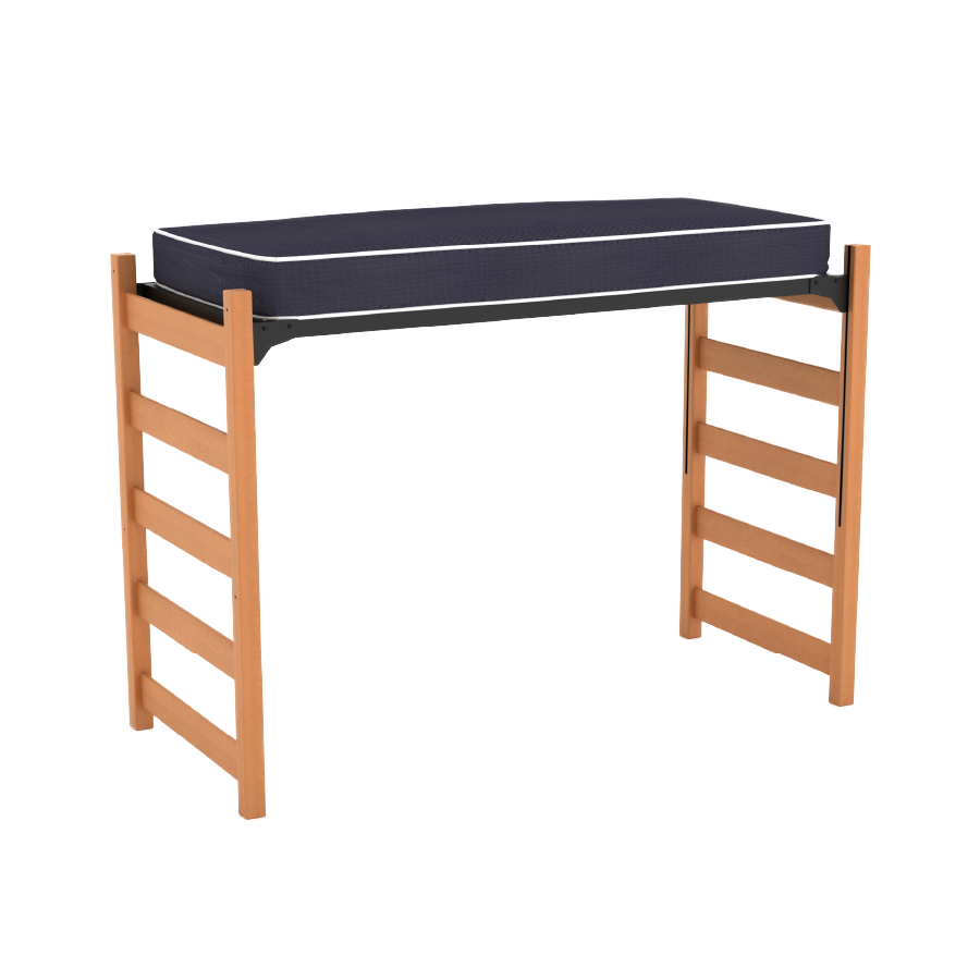A lofted bed with mattress and medium-colored wood risers