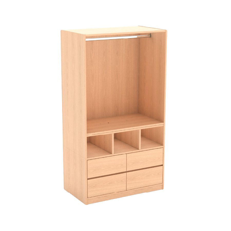 A light-colored wooden wardrobe with a hanging rod, three cubbies, and four drawers