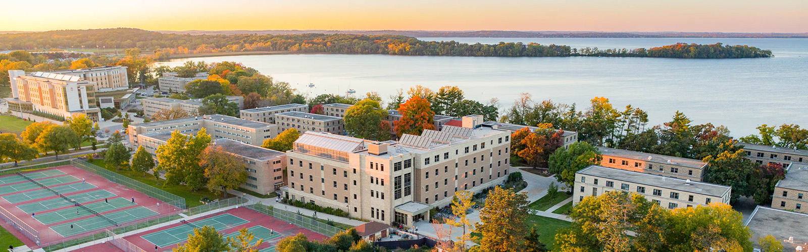An aerial view of the Lakeshore Neighborhood at sunset