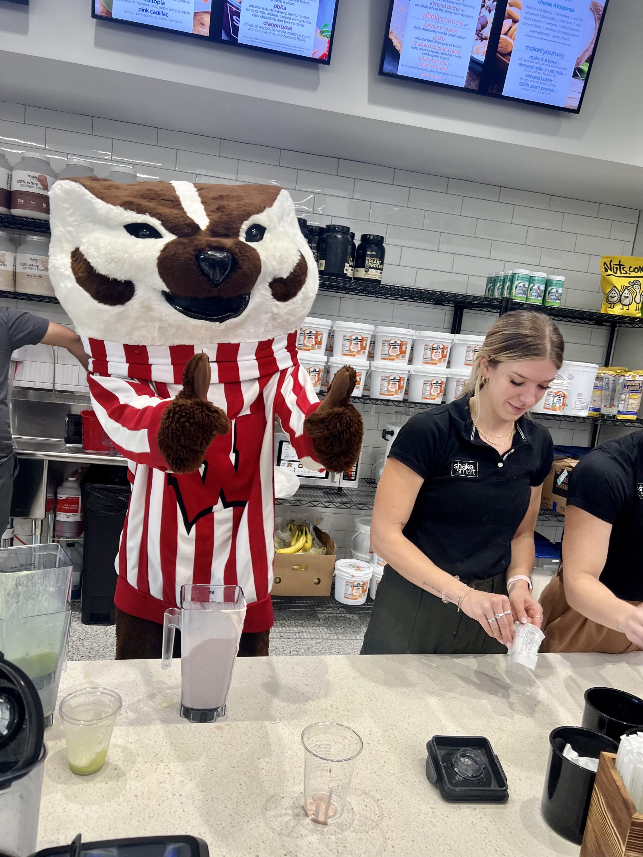 Bucky at helping at Free Shake Day