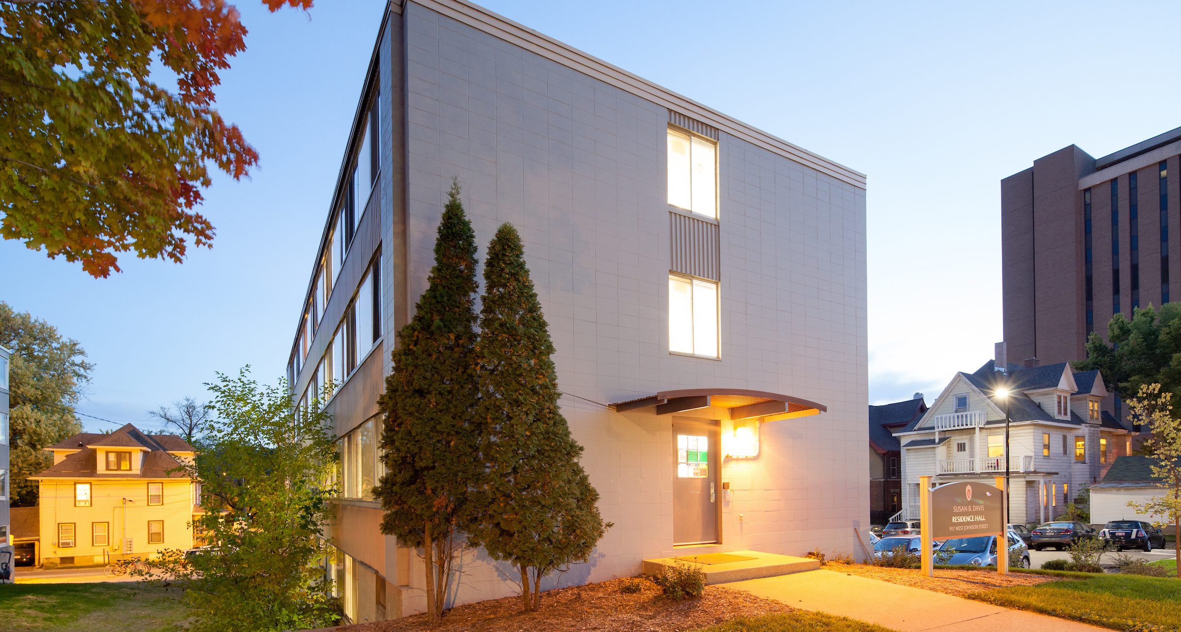 Davis Residence Hall during fall at dusk