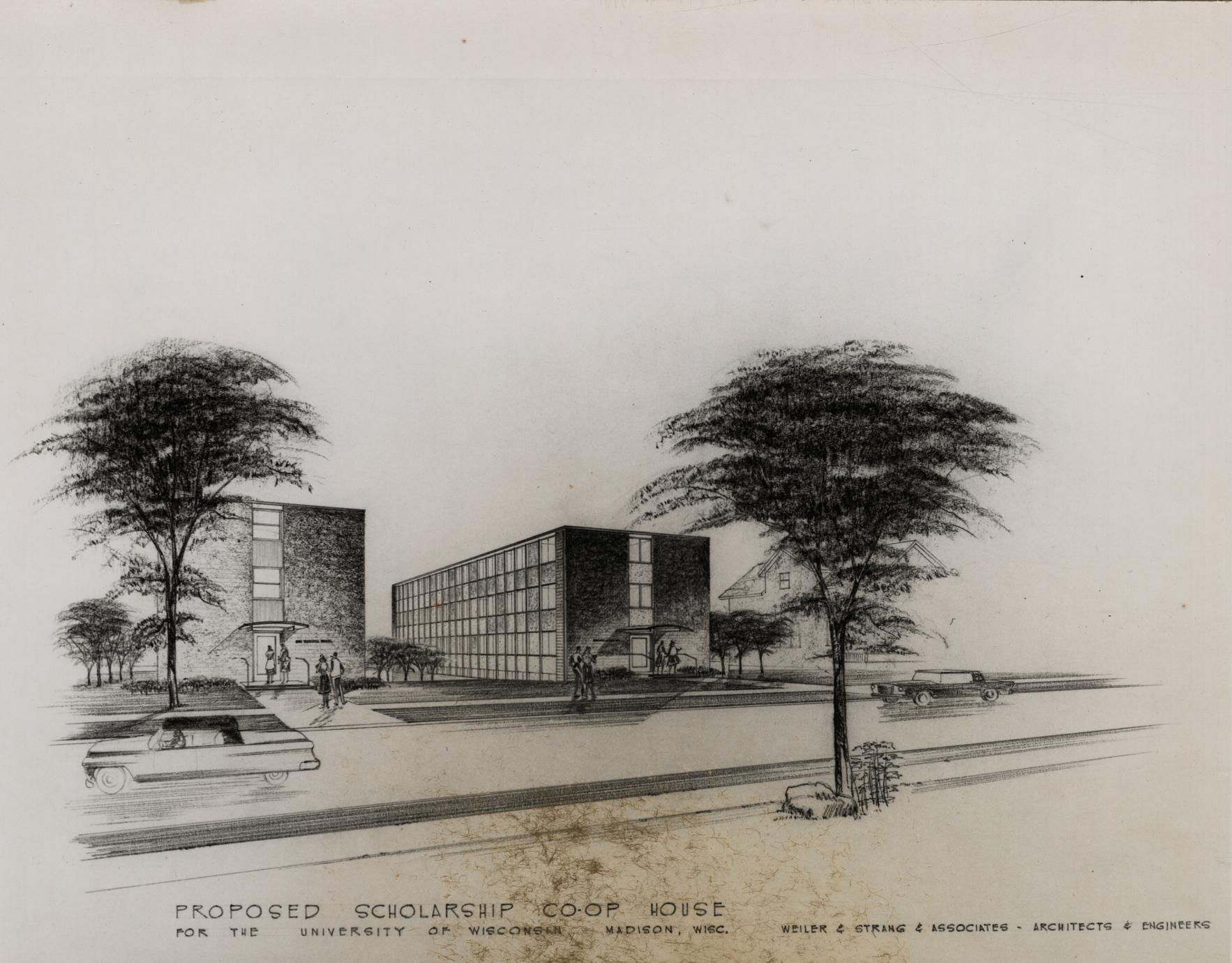Architectural rendering of new student housing, Schreiner House (left) and Davis House (right), on the University of Wisconsin campus.