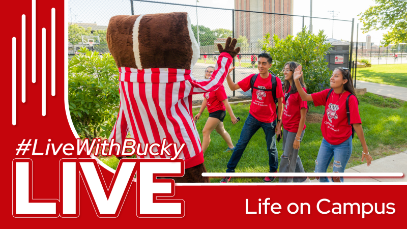 Bucky high-fives students in a promotional image for #LiveWithBucky Live: Life on Campus