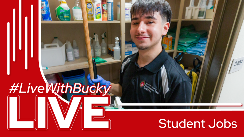 A student custodian poses for a photo in this thumbnail for #LiveWithBucky Live: Student Jobs