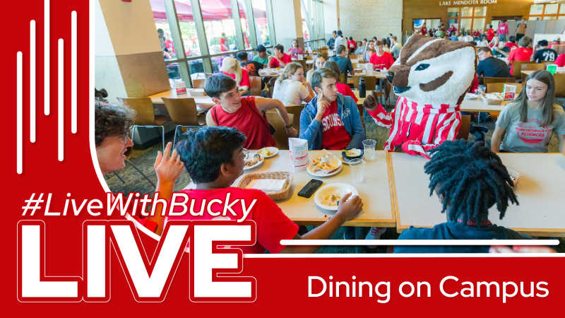 Bucky Badger sits at a dining room table with residents in this #LiveWithBucky Live thumbnail