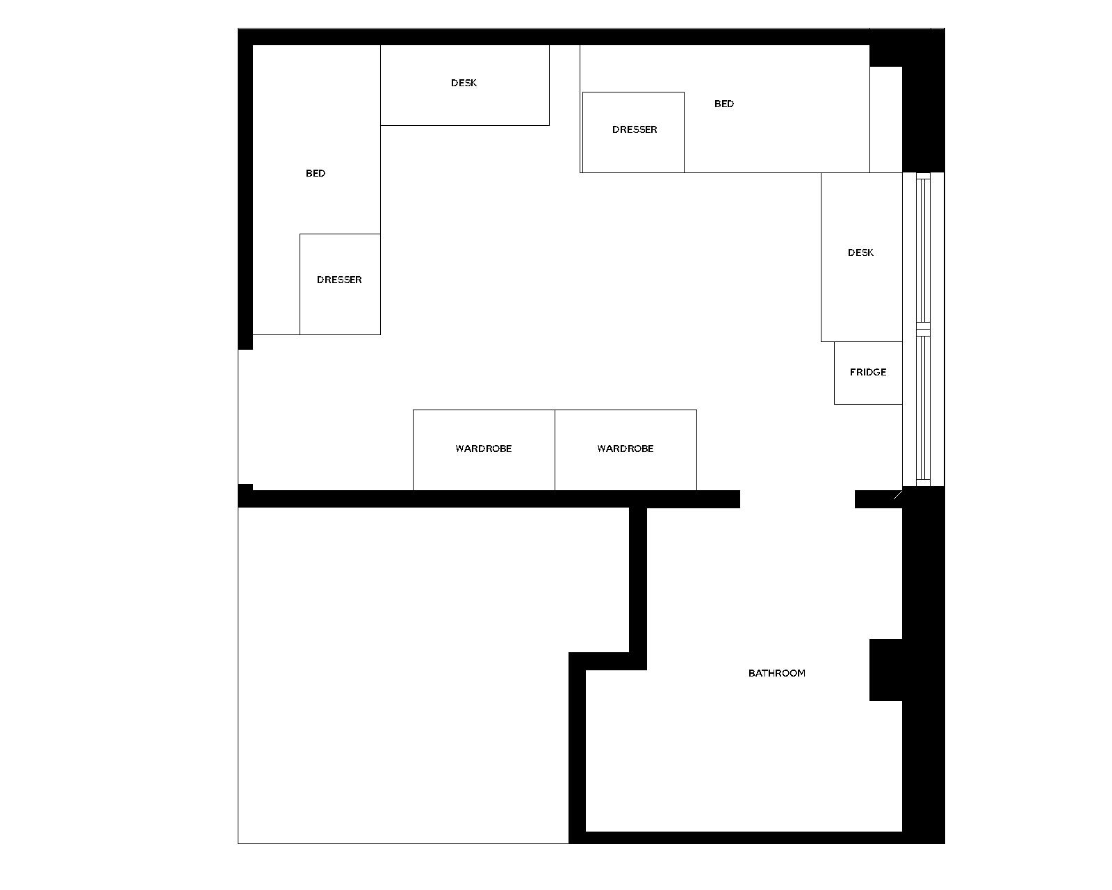 Lowell Double with Bath room layout with furniture