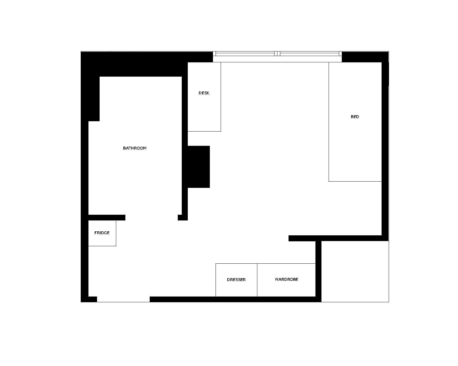 Lowell Single with Bath room layout with furniture