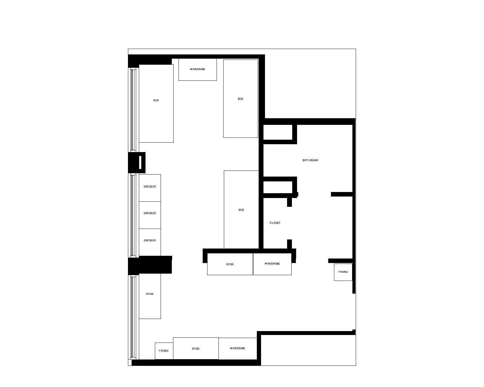 Lowell Triple Type A room layout with furniture