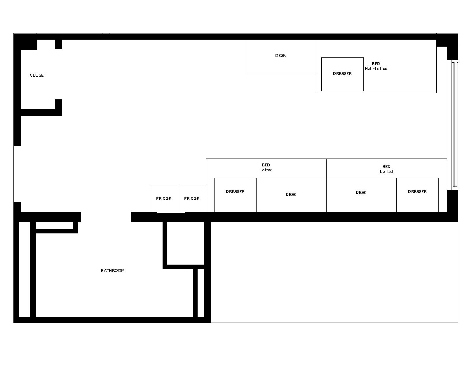 Lowell Triple Type B room layout with furniture