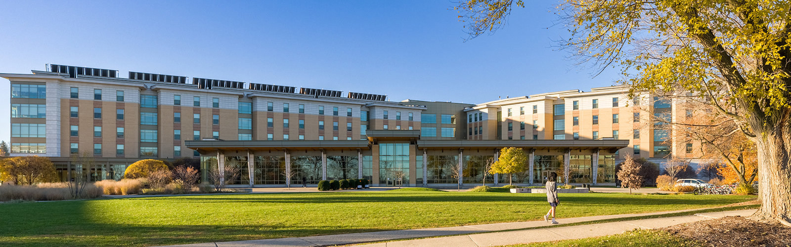 Exterior of Dejope Residence Hall in the fall
