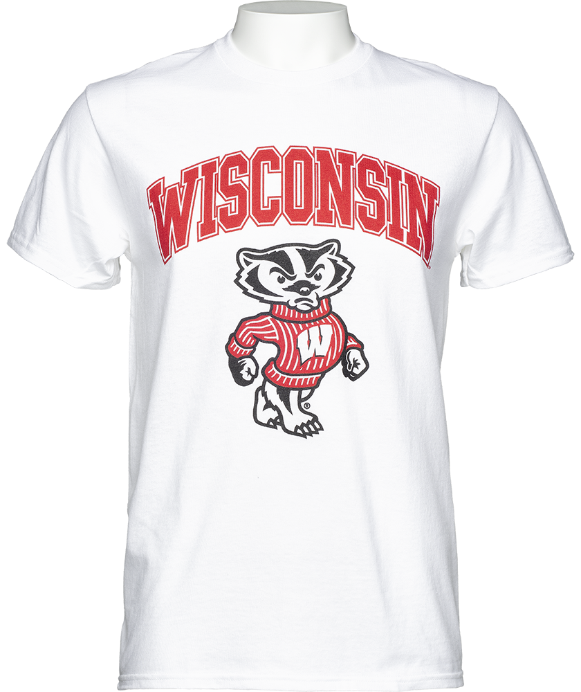 T-shirt with "Wisconsin" text and Bucky Badger