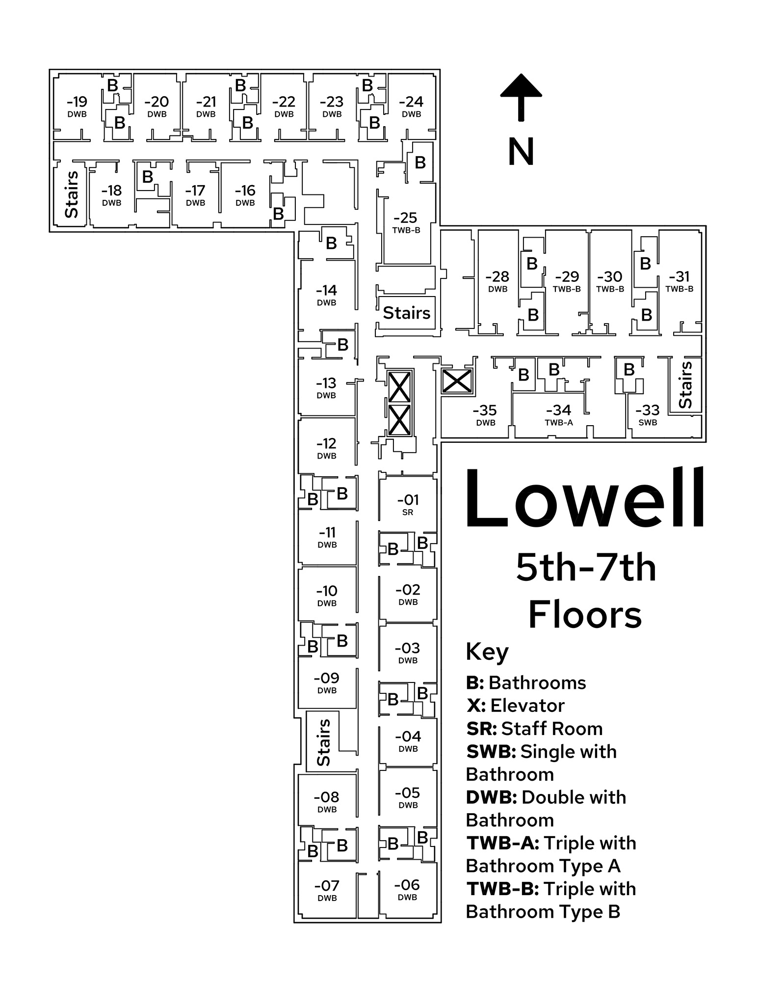 A floor plan image of Lowell Center's 5th – 7th floors.