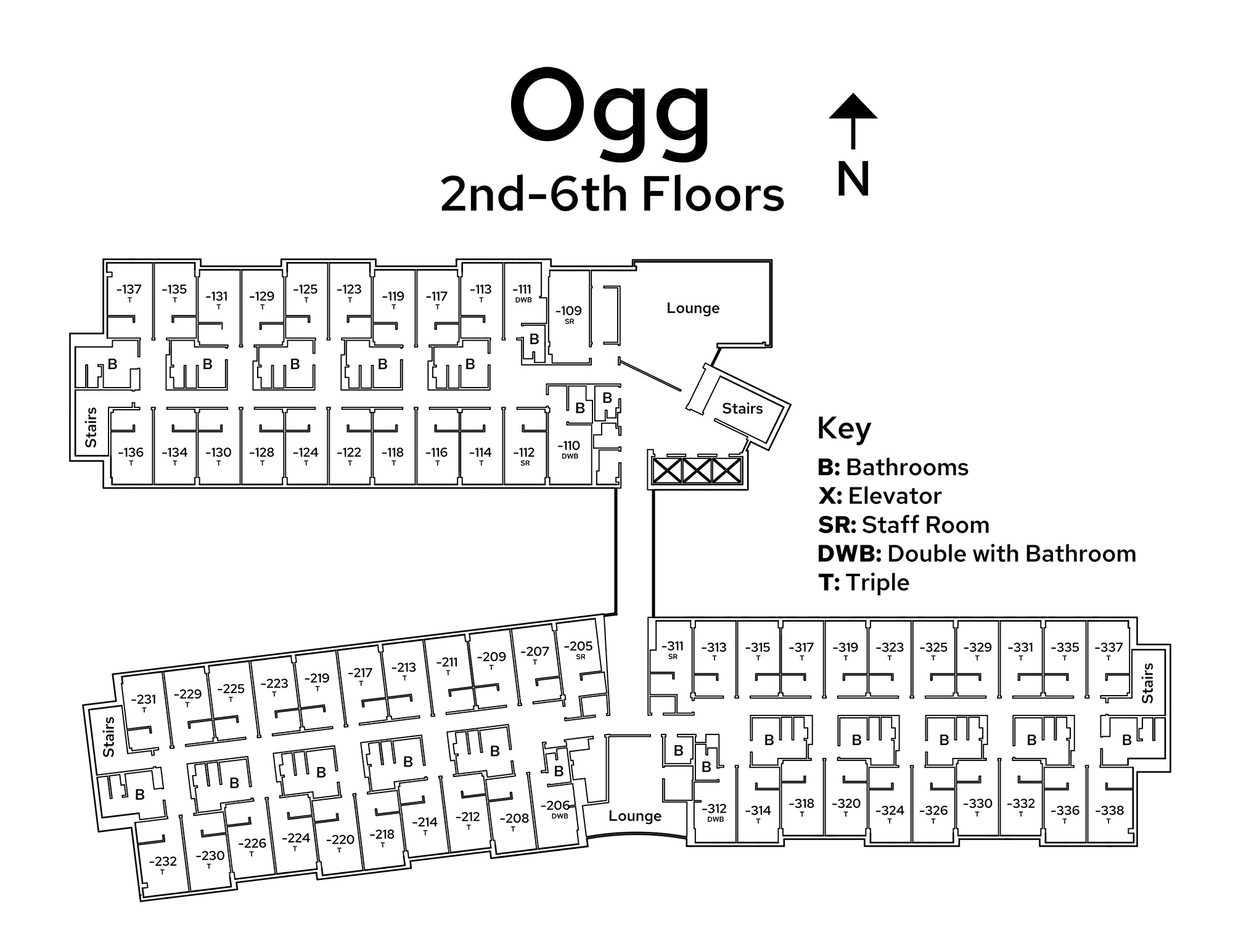 A floor plan image of Ogg Residence Hall's 2nd – 5th floors.